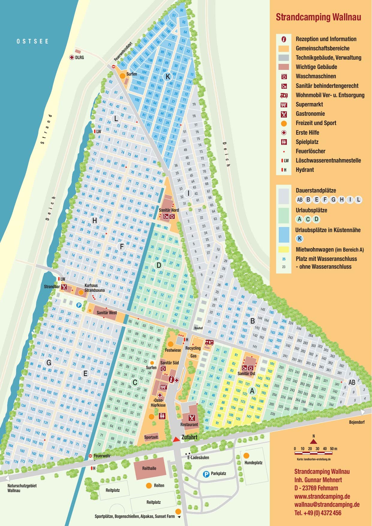 Platzplan des Strandcamping Wallnau 2026 mit Stellplatzkategorien, Sanitärgebäuden, Spielplatz, Wellnesshaus und SB-Markt