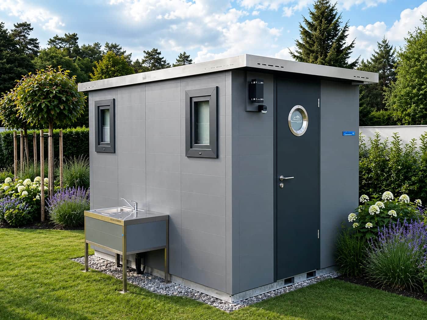 Freistehende Sanitärkabine mit Flachdach und Außenwaschbecken, Ansicht des Herstellers