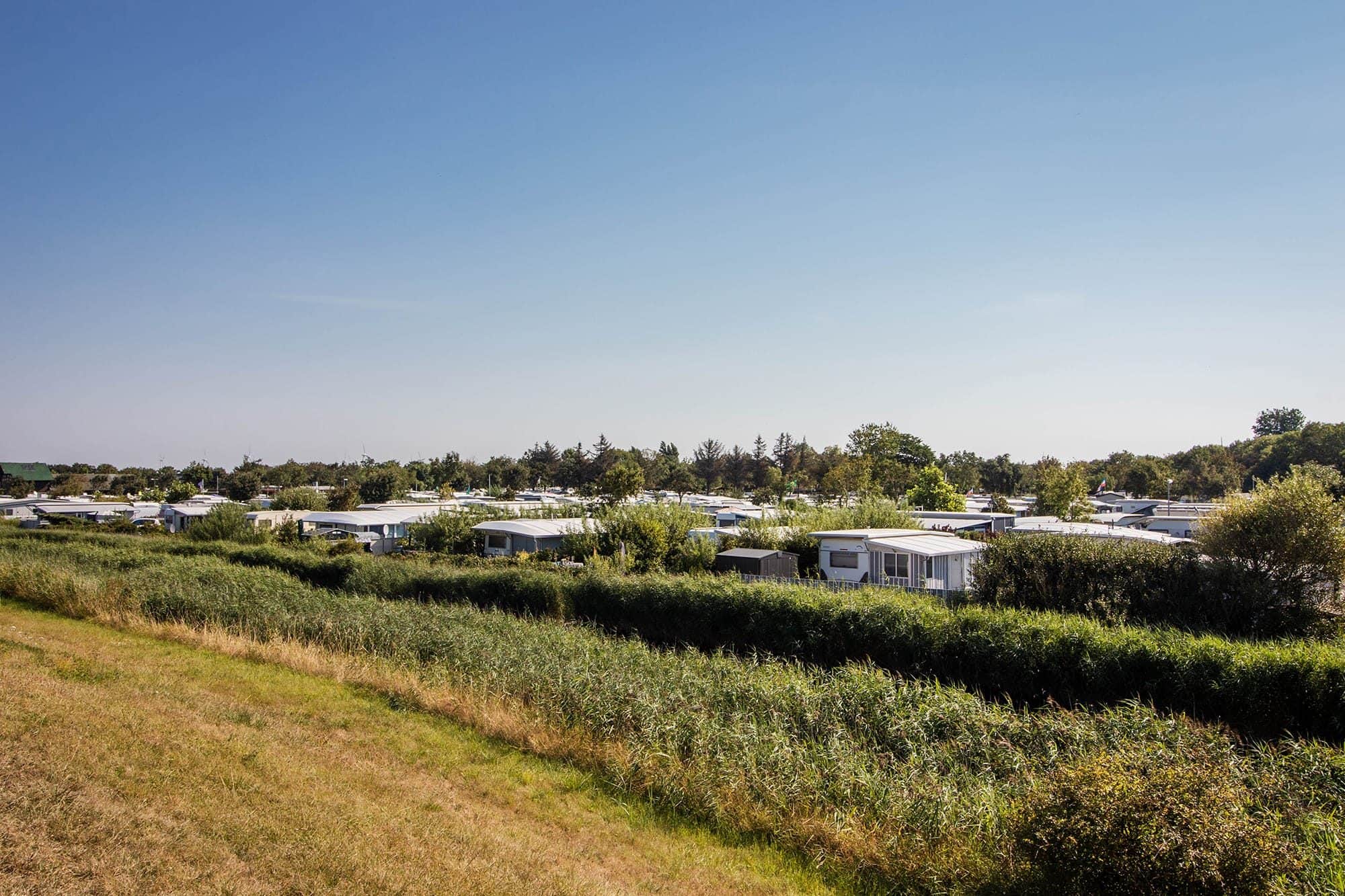 Luftaufnahme des Campingplatzes zwischen Feldern und Ostsee