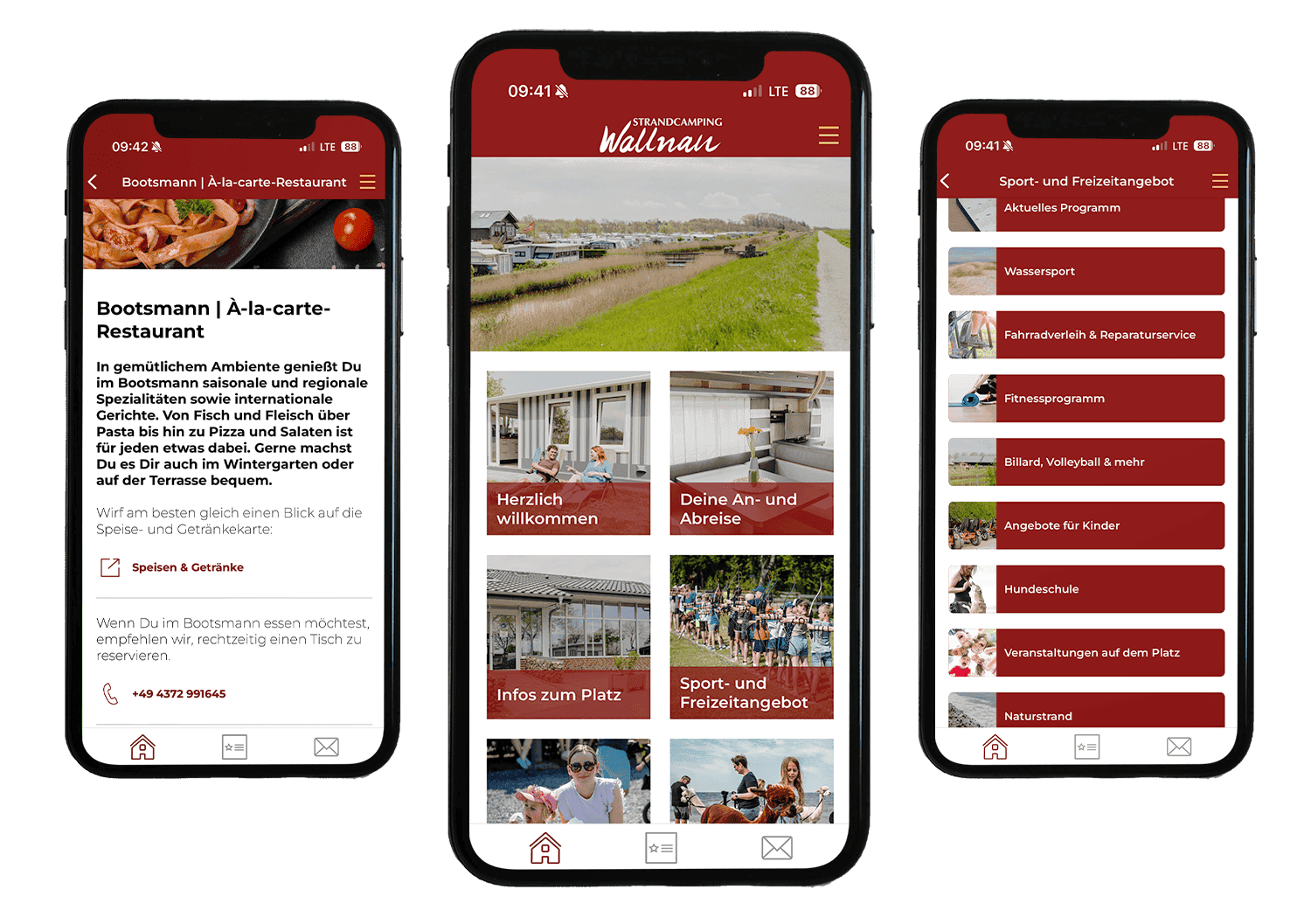 Drei Ansichten der Strandcamping-App: Startseite, Restaurant Bootsmann und das Sport- und Freizeitangebot