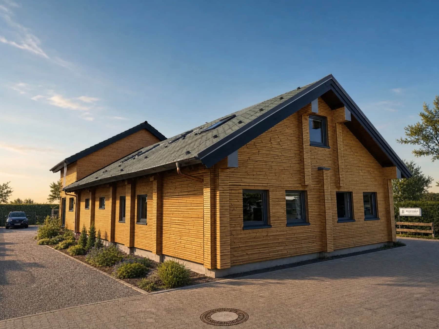 Das Wellnesshaus aus Holz im Abendlicht